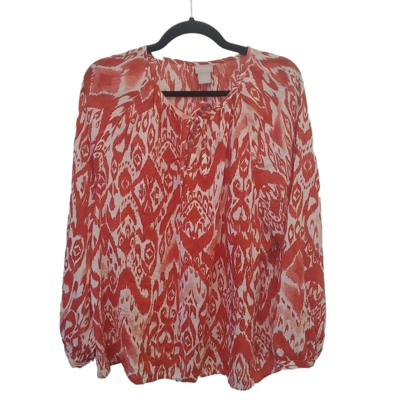 Chico's Size 1 100% Modal Ikat Fringe Tie Blouse - Picture 1 of 7